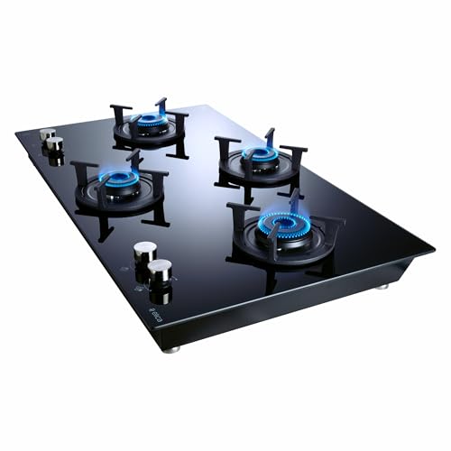 Image of Elica 90cm 4 Burner Auto Ignition Hob | RG FLEXI 491 LOTUS IND HD Brass | SABAF Brass Burners | Built-in & Freestanding | Toughened Black Glass | 10-Year Burner & 5-Year Glass Warranty