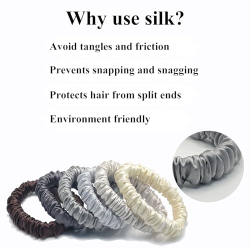 Image of VLOMOT 6 Pcs Set 100% Pure Mulberry Silk Scrunchies Hair Ties with 6 Chic Colors Everyday Skinny Scrunchies Silk Ponytail Holders Hair Care No Damage (Moonlight)