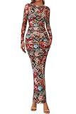 PRETTYGARDEN Women's Long Sleeve Bodycon Dresses 2025 Fall Sexy Floral Mesh Slit Ruched Tight Maxi Wedding Guest Dress(Floral Black Multicolored,Small)