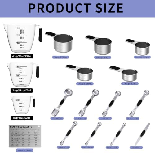 Measuring cups and spoons set,Magnetic Measuring 5 Cups 7 Spoons & 1 Leveler, 3 Plastic Measuring Cup with 1 Measuring Conversion Chart, Metal Stainless Steel for Baking & Cooking - 5