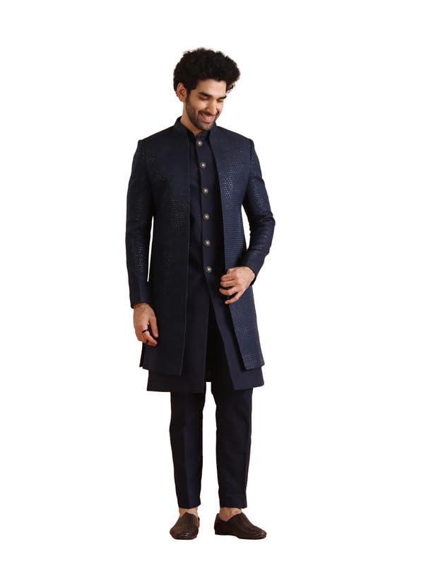 Mens Indo-Western Sherwani Trouser Set|Silk Blend Fabric Sherwani Set with Trousers Self Design Pattern Mens Ethnic Wear|Regular Fit Mandarin Collar Long Sleeves