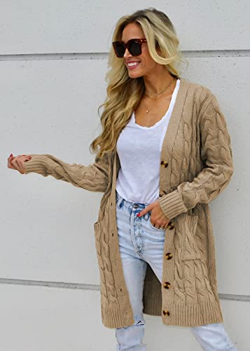 Image of PRETTYGARDEN Womens Cable Knit Button Long Cardigan Sweaters