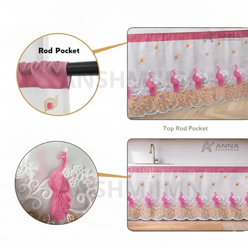 Image of Embroidered Kitchen Sink Curtain with Rod Pocket | Decorative Under Sink Cabinet Curtain | Floral & Peacock Design | Washable Fabric | Size: 150 x 71 CM (Pink, Pack of 1)