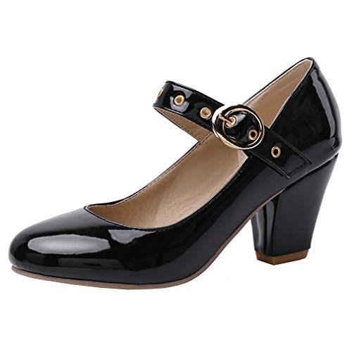 Caradise Womens Patent Mary Jane Heels Round Toe Ankle Strap Chunky Pumps