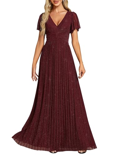 Ever-Pretty Kleid Elegant Damen Festlich Lang Ballkleid Maxi Hell Abendkleider Elegant für Hochzeit A Line Kurze Ärmel Burgund 46