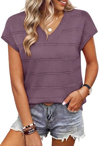 WIHOLL Sweaters for Women Short Sleeve Summer Tops 2026 Resort Wear Trendy Casual V Neck T Shirts Cruise Outfits Beach Vacation Clothes Fashion Spring Tops Grey Purple M