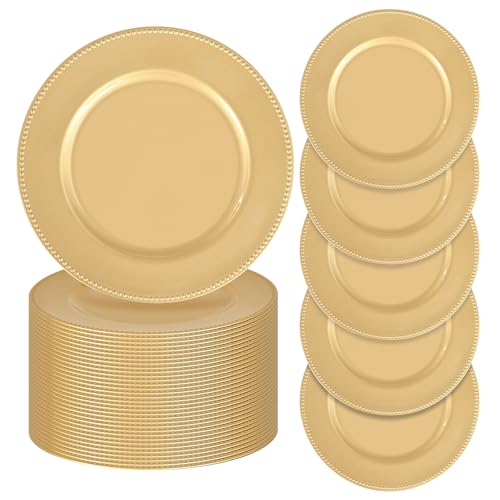 fani 50 Pcs Gold Charger Plates Bulk, 13'' Round Beaded Dinner Charger Plates, Plastic Reusable Vintage Table Decoration for Wedding, Party, Reception, Event, Holiday Supplies