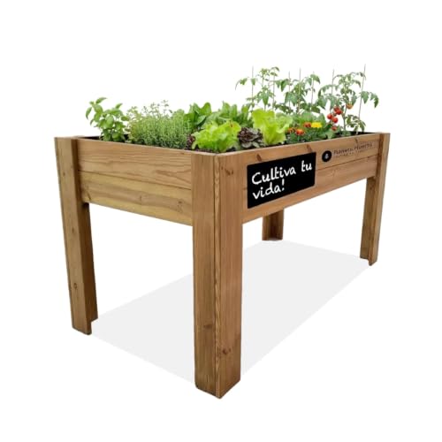 Planeta HUERTO Mesa de Cultivo Elevada de Madera FSC 160x80x80 cm, Malla Geotextil, Capacidad de 220 L y Pizarra Personalizable