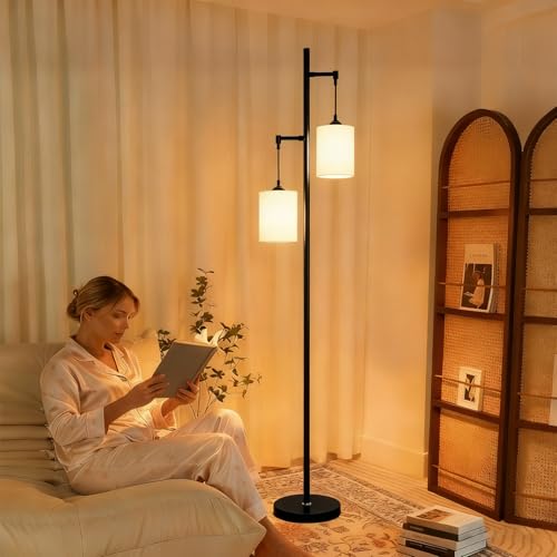 Image of Lightdot 65IN Black Floor Lamp for Living Room, Industrial 2-Light Tree Floor Lamps with Linen Shade, Modern Standing Tall Lamp with 5Lbs Heavy Base for Bedroom /Sofa Beside /Corner Decor(Bulb Included)