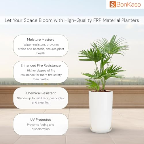 Image of BonKaso 18 inch Solid White Flower Pot - Tall, Durable & Lightweight Polymer Tower Planter for Indoor & Outdoor Use: Home, Office, Garden & Balcony (Gamla /Gamale)