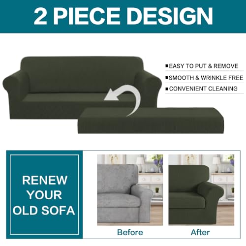 Image of Turquoize Stretch Sofa Slipcover 2 Pieces Sofa Cover Couch Cover for 3 Cushion Couch Washable Furniture Protector Covers with Elastic Bottom Feature Thick Jacquard Fabric (Sofa, Olive)