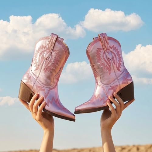 Image of HOCHFART Western Boots for Women Metallic Embroidered Pointed Toe Cowgirl Boots Chunky Heel Pull-On Short Cowboy Boots Wide Calf Country Ankle Boots