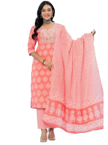 Image of Amayra Women's Cotton Embroidered Straight Kurta with Palazzo Pant and Dupatta Set