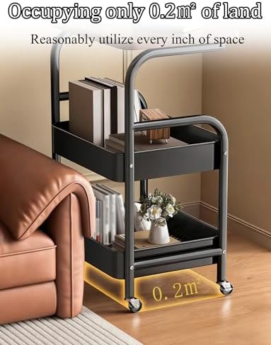 Multi-Purpose Rolling Storage Trolley with Wooden Top & Lockable Wheels - Versatile Metal Cart for Living Room, Kitchen, Bedroom - Black (1.44x0.98x2.53 ft)