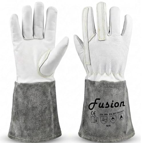 Guanti da Saldatura MIG TIG Fusion – Cuoio Spesso Resistente al Calore, Guanti di Protezione Professionali per Saldatura, Taglio, Forgiatura e Lavorazioni Metalliche (M/08)