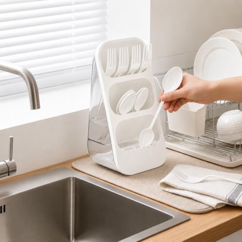 Image of Kitchen Utensil Holder with Drain Tray & Dustproof Cover | 3 Compartment Cutlery Organizer | Self Draining Countertop Storage Rack for Spoons Forks Chopsticks Kitchen Accessories (White)
