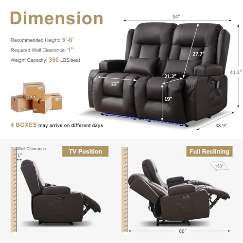 Image of URRED Power Loveseat Recliner Sofa with Massage and Heat, Wall Hugger Reclining Loveseat, RV Couch Home Theater Seating with LED Lights for Living Room (Dark Brown, 54 inch - 2 Seats)