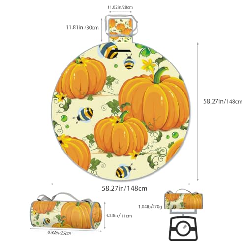 Shimoshe Bee Pumpkin Picnic Outdoor Blanket Foldable Waterproof Sandproof Beach Blanket Portable Water-Resistant Round Picnic Mat for Travel Camping Park Lawn