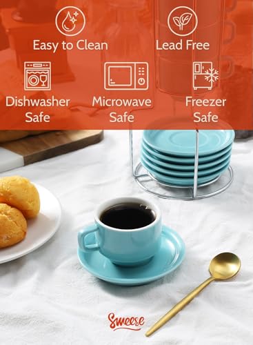 Image of Sweese 8 Ounce Porcelain Stackable Cappuccino Cups with Saucers and Metal Stand - for Specialty Coffee Drinks, Cappuccino, Latte, Americano and Tea - Set of 4, Turquoise