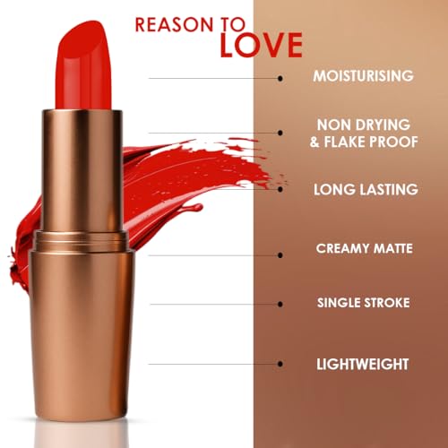 Image of One Wish Creamy Matte Lipstick Long Lasting for Women - Crimzone Shade 26 | Full Coverage | Creamy Formula | No Flaky Lips | No Dryness| High-Pigment | SPF | Vitamin E, Almond Oil & Shea Butter for Moisturising Lip | 8 Hrs Lasting | Smooth Finish | 3.8 gm