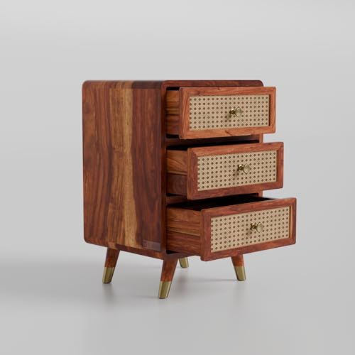Image of DRIFTINGWOOD Amber Nightstand Bedside Table with 3 Drawers - Solid Sheesham Wood & Rattan Cane Front - Mid Century Modern Wooden End Table for Bedroom - Honey Finish