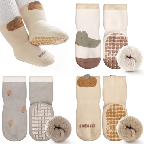 Simpeak Calcetines Bebe Antideslizante, 3 Pares de Calcetines Antideslizantes para Niñas y Niños, Calcetines de Algodón, Calcetines para Bebé de 1 a 3 años - Patrón de Calabaza