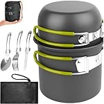 Kit Vajilla de Camping con Cubiertos Plegables, Ol...: 【Kit Cocina Camping 6 en 1】: Recibirás 1 sartén camping plegable de aluminio (11.5 x 60 cm), 1 olla camping plegable de aluminio (12.2 x 10.5 cm), 1 cuchara plegable, 1 tenedor plegable, 1 cuchillo plegable y 1 bolsa de transporte. Ideal para camping...