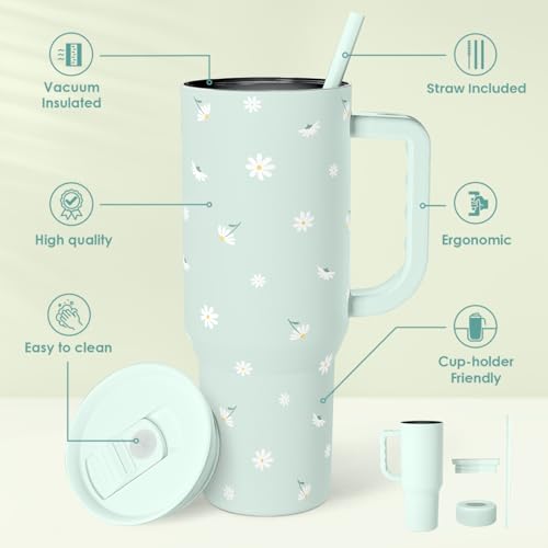 Image of Daisy 40oz Tumbler with Handle and Straw - Flower Insulated Stainless Steel Travel Coffee Mug for Women Girls - Gift Idea for Birthday Christmas Mothers Day