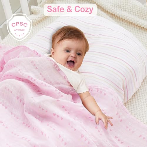 Image of Viviland Muslin Swaddle Blankets, Swaddle Wrap for Boys and Girls, Breathable and Skin-Friendly Baby Receiving Blankets, Baby Essentials, 4-Pack Flowers & Heart, 47 x 47 inches