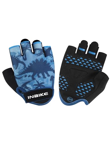 INBIKE Fahrradhandschuhe Kinder Kurzfingerhandschuhe Kletterhandschuhe Jungen Sporthandschuche Halbfinger Rennrad Fahrrad Bike Handschuhe Frühling Sommer Marineblauer Dinosaurier 7-9Y