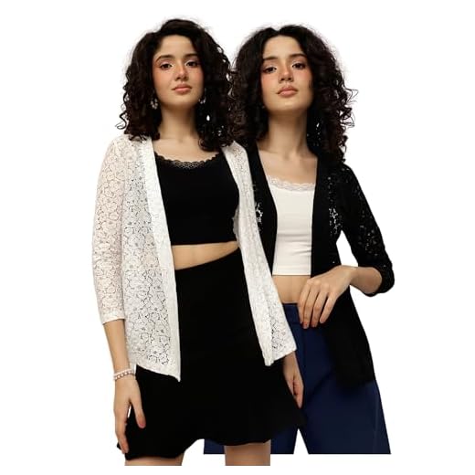 ESPRESSO Women 3/4th Sleeve 95% Cotton 5% Nylon Lace Full Open Shrug (Black/Off-wHITE, 2XL)