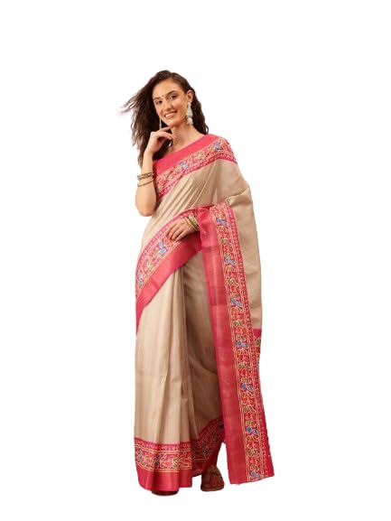 Enthone Traditional Women's Kotha Silk Bengali Style Digital Printed Saree, Beige