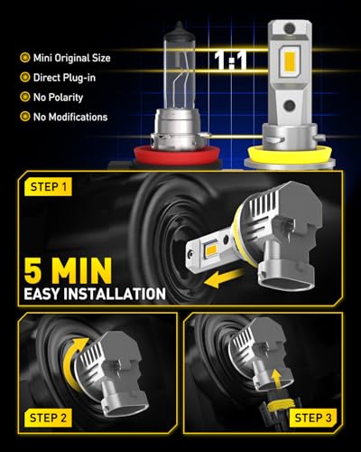 Image of AUXITO H11 LED Yellow Fog Light Bulbs or DRL, 600% Super Brighter 3000K Amber Yellow Light, H8 H16 Fog Lights Replacement for Cars, Non-polarity, Pack of 2