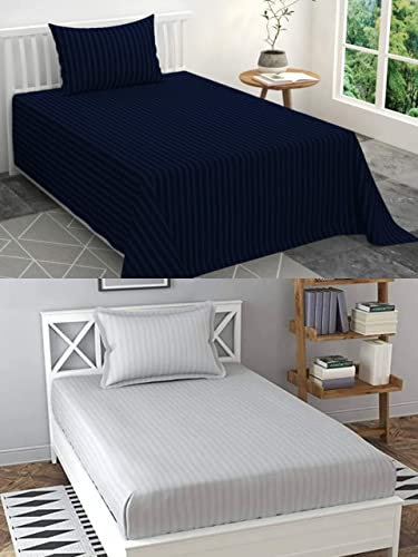 Image of Prime Collection 265 TC Combo Pack of 2 Single Sized (90x60) Satin Striped Bedsheet with 2 Pillow Cover Long Lasting Single Bedsheet for Hotel, Hospital and Home Use