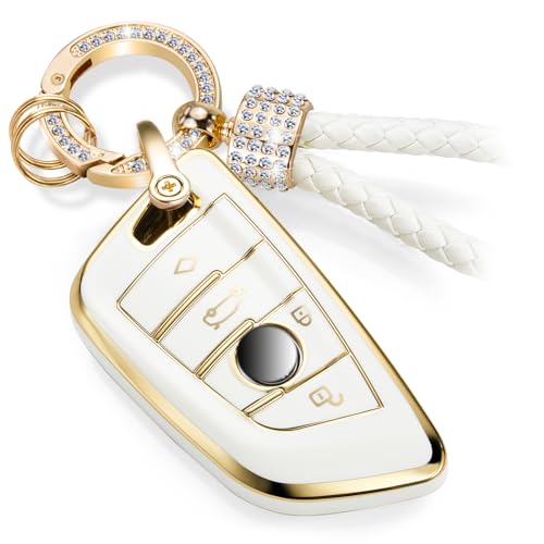 Image of Key Fob Cover for BMW, Rhinestone Loop Keychain Case, Gold Edge