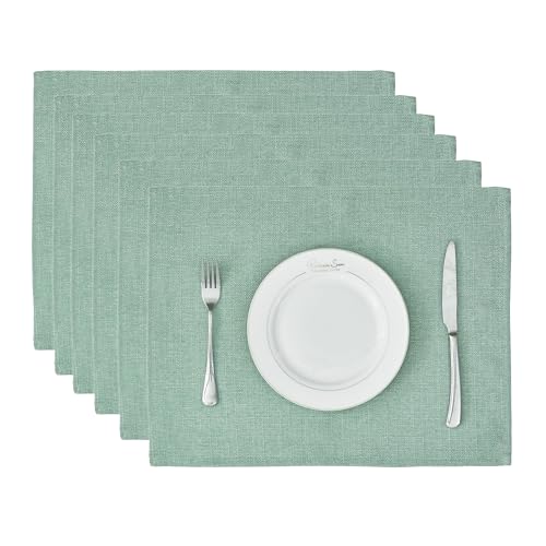 BALCONY & FALCON Placemats Set of 6 Faux Linen Cloth Place Mats Washable Waterproof Wrinkle Resistant Table Placemats for Dining Kitchen Farmhouse Indoor & Outdoor Use(Celadon Green, 13.8”x 17.7”