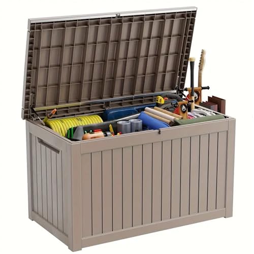 Image of 230 Gallon Waterproof Outdoor Storage Box, UV Resistant Resin Deck Box with Hydraulic Rod for Reinforced Stability, Perfect for Patio, Garden, and Pool, Grey