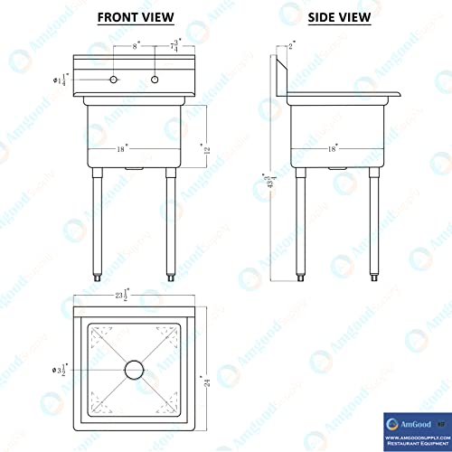 Image of AmGood Stainless Steel Prep & Utility Sink | 304 Stainless Steel | Restaurant, Kitchen, Laundry, Garage | NSF (24 in. x 23 in. | One Bowl)
