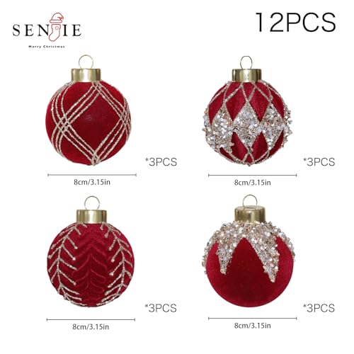 Image of 3.15IN Velvet Christmas Ornaments with Glitter, 12pcs Flocked Ornaments Set | burgundy red velvet ornaments for christmas tree decorations set,hanging neutral felt flocked balls bulk plastic shatterproof