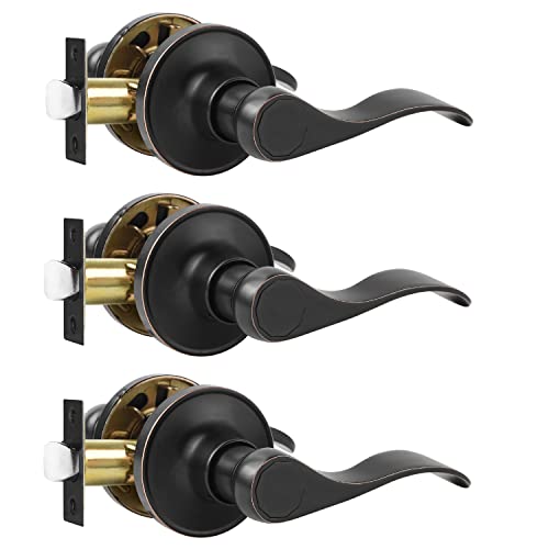 3 Pack Passage Lever Wave Door Handle for Hallway Doors or Closets with Oil Rubbed Bronze Finish Keyless Non-Locking Door Lever Set,Left and Right Hand Universal