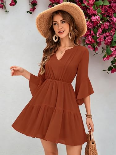 Image of Womens Spring Summer Mini Dress Western Ruffled Sleeve Chiffon V Neck Flowy A Line Short Wedding Guest Party Dresses