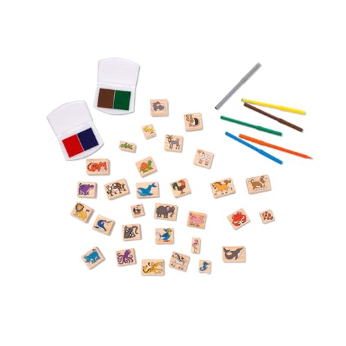 Image of Melissa & Doug Deluxe Wooden Stamp Set: Animals - 30 Stamps, 6 Markers, 2 Stamp Pads Kids Art Projects, Wooden Stamps with Washable Ink, for Kids Ages 4+