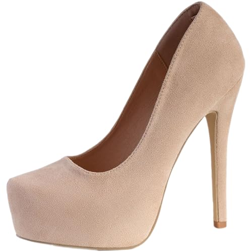 Women's Suede Stiletto Round Toe Platform Sexy Party Pumps Slip On Fashion 5.43 in Slip On Super High Heel Prom Wedding Dress Shoes