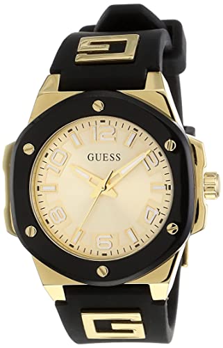GUESS Ladies 38mm Watch - Black Strap Champagne Dial Two-Tone Case