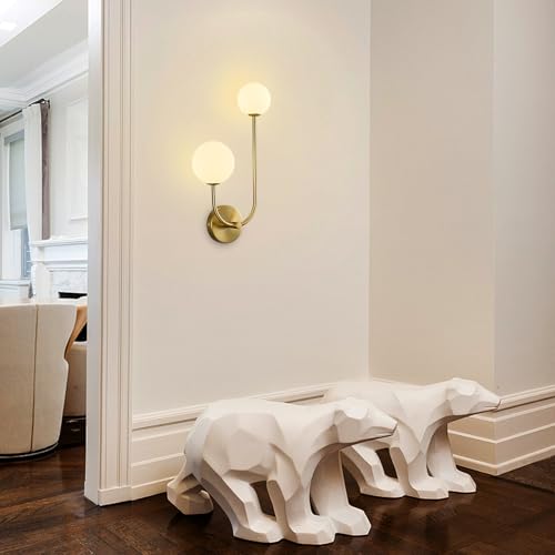 Image of Milk Glass Wall Sconce Gold Wall Sconces Mid Century Modern Sconces Wall Lighting 2 Light Globe Sconce for Bedroom Living Room Hallway Wall Light Fixtures