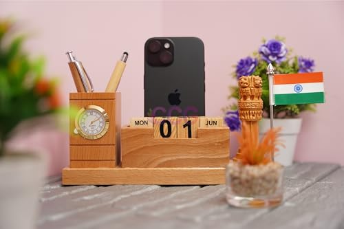 Image of CRAFT CLOSET & GIFTS Customized Steam Breech Wooden Office Study Desk Supplies Organizer Stand with Clock, Calendar, Pen /Pencil Holder & Phone /Card Slot For IAS, Advocates, Office & Corporate Gifts