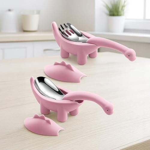 Image of Baby Spoon and Fork Set, Purple Silicone Toddler Cutlery Set with Dinosaur Case, 2 Pc, Self Feeding Utensils for Baby Meals School and Travel, Mealtime Essential