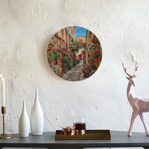 Landscape Theme Ceramic Decorative Plates, Flowery Country Streets Round Decorative Plate, with Decorative Bracket, for Living Room Bedroom Kitchen or Office Wall Hanging, 10 inch - Image 3