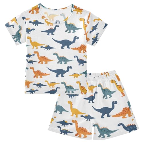 ALAZA Dinosaur Animal White Pajamas Short Sleeve 2 Piece Sleepwear Top and Bottom Pajama Set Unisex