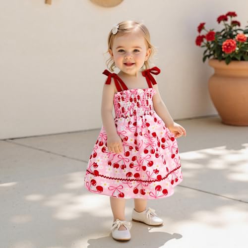 Kids Toddler Baby Girl Summer Outfit Cherry Smocked Dress Spaghetti Strap Sleeveless Floral Bow A-line Dress Clothes3